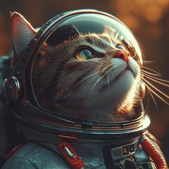 A cat in a space helmet gazes upward, embodying a whimsical blend of adventure and curiosity.