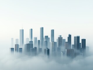 Fototapeta premium A misty city skyline with modern skyscrapers emerging through low clouds, creating a serene and atmospheric urban landscape.