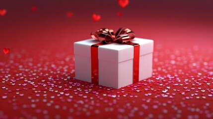 Elegant white gift box with red ribbon surrounded by heart-shaped confetti on a vibrant red background, perfect for romantic occasions.