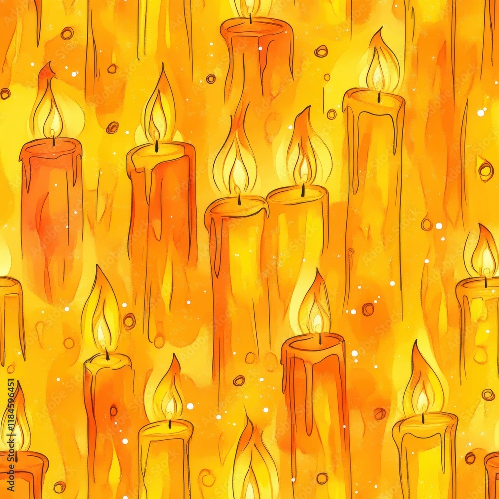 Poster glowing candles and fairy lights create a warm, dynamic doodle pattern in vibrant yellow and orange 