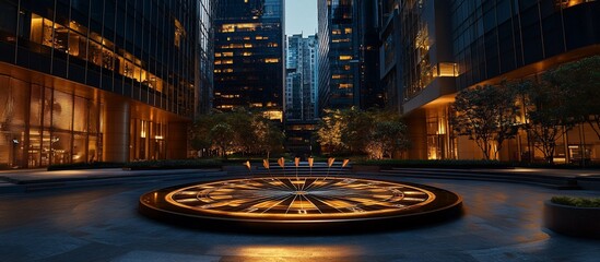 Illuminated clock fountain in a modern city plaza at night.