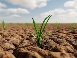 A single green shoot emerges from dry, cracked soil under a bright sky, symbolizing resilience and hope in a barren landscape.