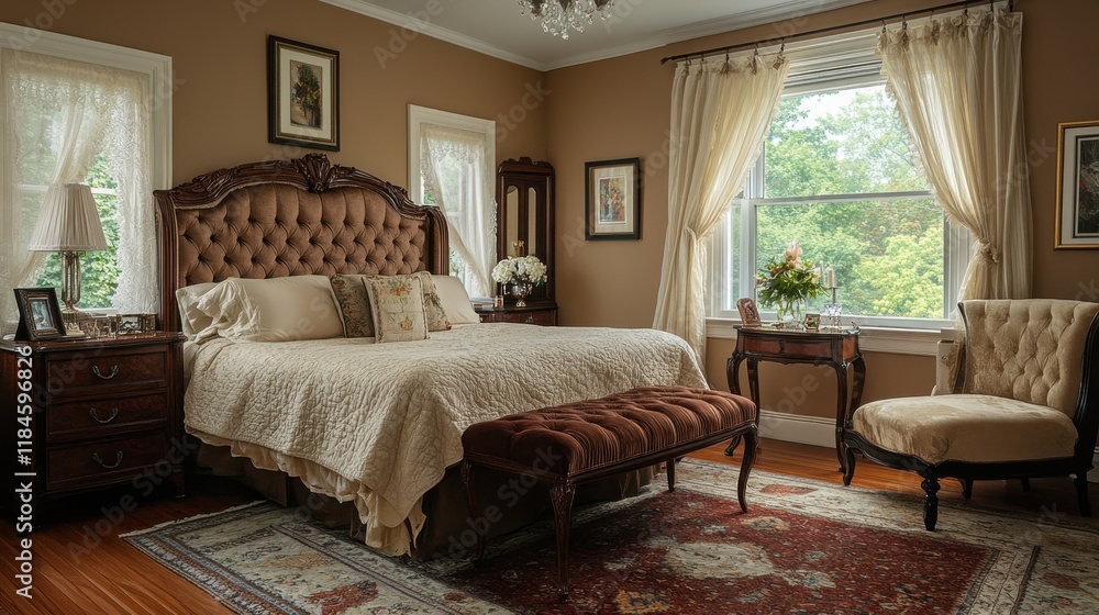 Poster elegant bedroom with tufted headboard and luxurious silk bedding in a serene setting