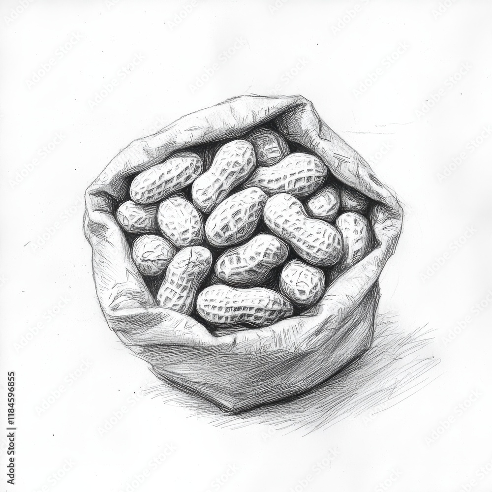 Poster freshly roasted peanuts in a sketched bag showcasing detailed texture and form as captured in pencil