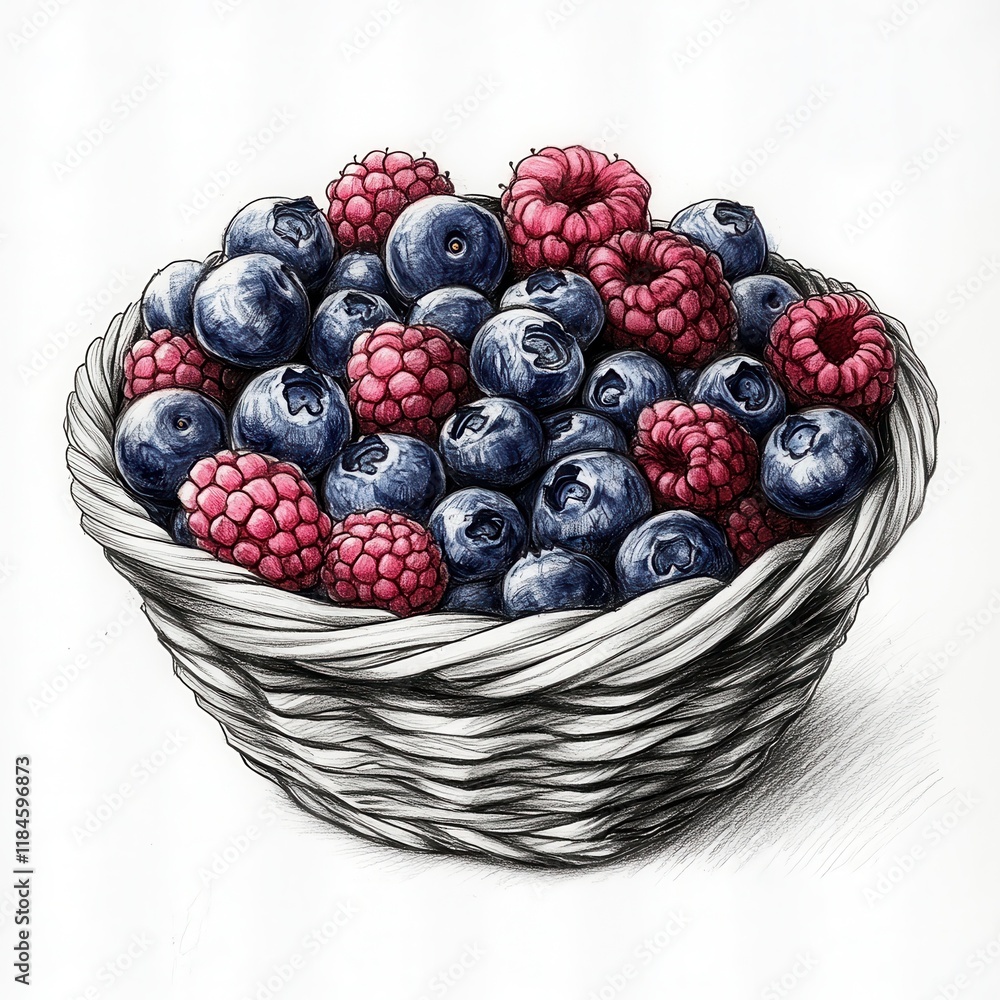 Aufkleber mixed berries sketch featuring blueberries and raspberries in a woven basket on a plain background