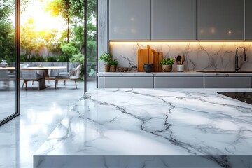 elegant white marble kitchen counter with soft natural light and subtle shadows for premium product display or culinary presentation