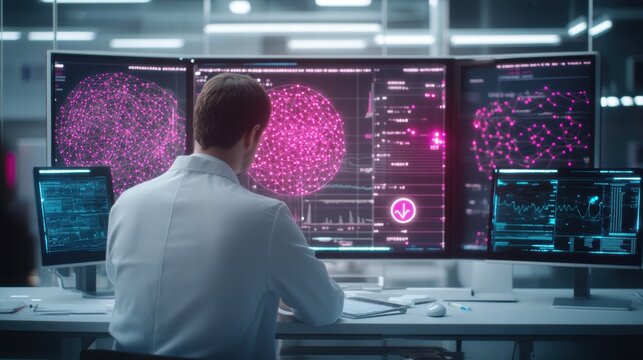 Futuristic healthcare researcher analyzing data in a modern laboratory with advanced technology and multiple screens displaying complex information