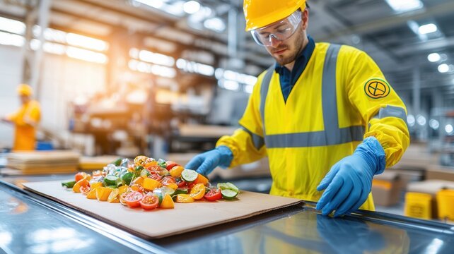 Food safety inspection health concept. A worker in a safety vest sorts colorful vegetables on a conveyor belt in a warehouse, emphasizing food processing and safety practices.