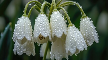 Close-up of delicate white flowers covered with water droplets, captured in the tranquil atmosphere of a flower garden.