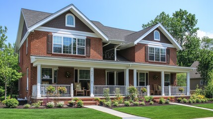 Contemporary twin homes with brick facades, large front porches, and matching outdoor furniture in a vibrant suburban community.