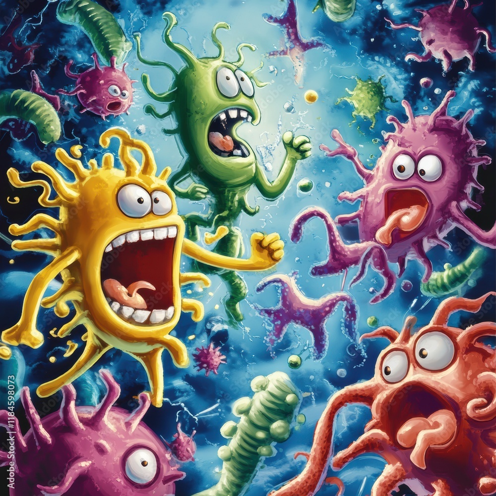 Poster cartoon style bacteria engage in a playful battle with antibodies in a vibrant microscopic world. ge