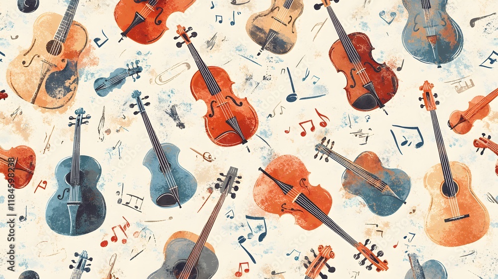 Poster colorful string instruments and musical notes pattern