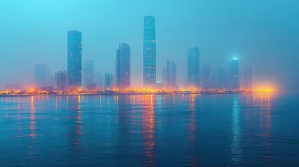 Fototapeta premium Serene City Skyline at Dusk Reflected in Calm Waters