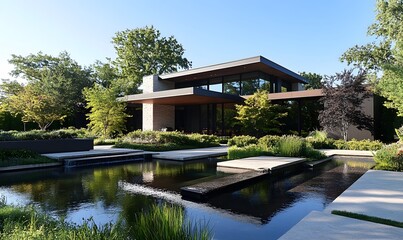 Obraz premium contemporary home surrounded by meticulously designed landscaping