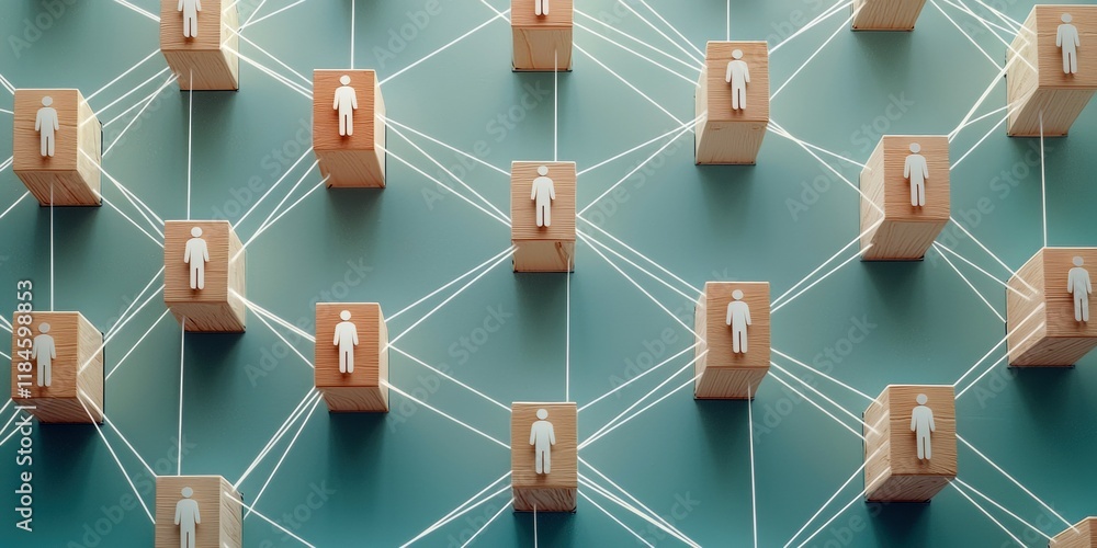 Aufkleber wooden blocks with human figures linked by lines, illustrating a network or connection concept.
