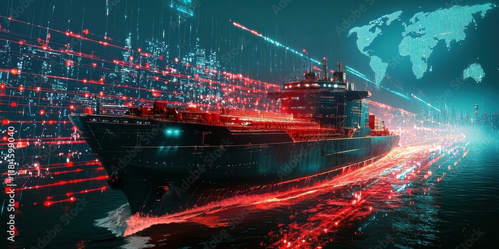 Poster futuristic cargo ship navigating through a digital ocean of data streams.