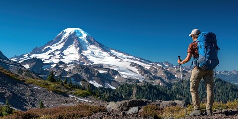Naklejka premium Male hiker admires majestic mountain view on a bright sunny day.