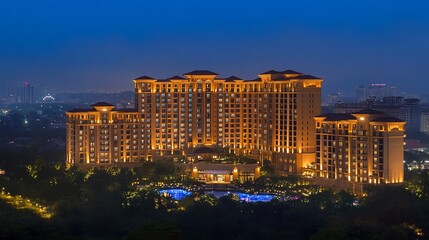 Fototapeta premium Illuminated luxury hotel at dusk, city skyline view.