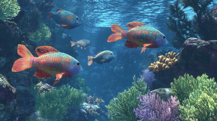 Underwater scene of parrotfish grazing on coral, showcasing vibrant colors and marine life.