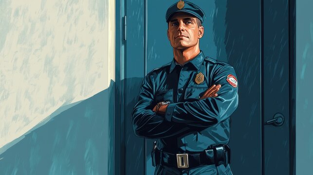 Male security guard illustration positioned at a doorway, hand on his belt, maintaining a watchful eye on the surroundings, showcasing his commitment to security.