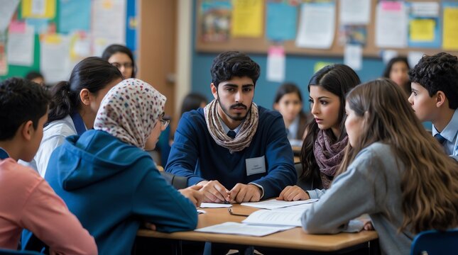A diverse group of students engaged in a discussion around a table in a classroom setting.