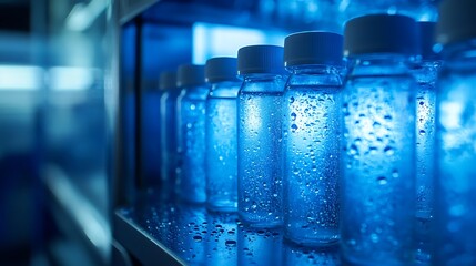 Close-up of chilled water bottles on a shelf.