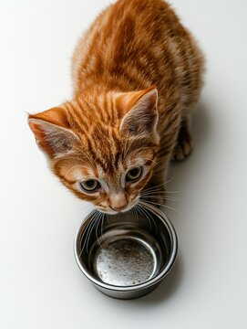 Naklejki Curious orange tabby kitten peering into an empty food bowl on a clean surface.