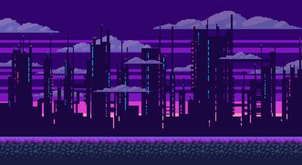 Pixel art game background with ground, sunset, landscape, sky, clouds, silhouette city, stars and moon. Background with gradient.