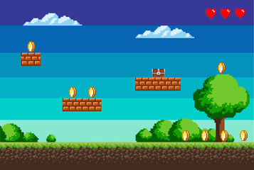 Pixel game, a picture that represents the location in the game, coins and health, trees and bushes, sky and clouds. Vector illustration EPS 10