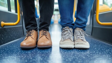 Close-Up View of Formal and Casual Footwear of Passengers Standing Together in a Public Transportation Setting