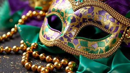 Vibrant Mardi Gras Mask With Colorful Beads Displayed on a Festive Background Filled With Gold and Shades of Green and Purple