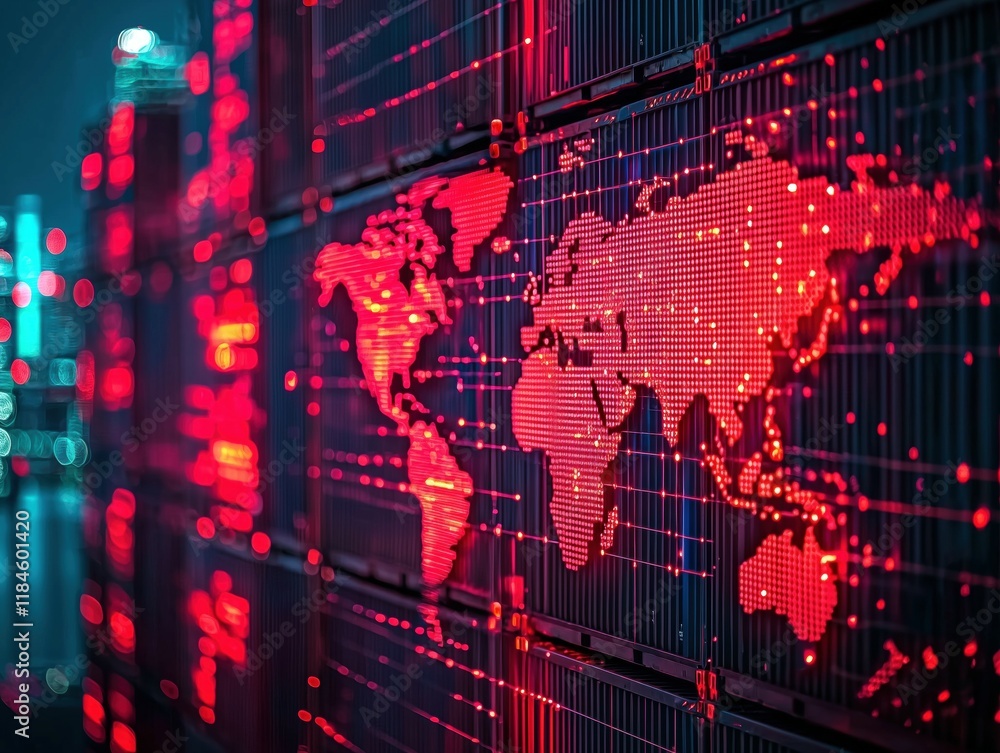 Poster a glowing red digital world map displayed on high-tech screens.