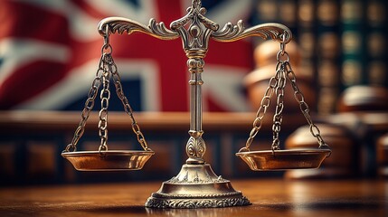 A classic balance scale symbolizing justice, set against a backdrop of legal books and a British flag.