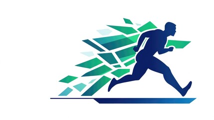 Abstract runner silhouette with dynamic green and blue motion burst.