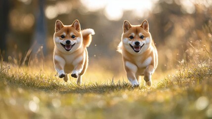 Shiba Inu dogs chasing their tails in a grassy park, capturing their amusing antics and joyful energy, illustrating the playful charm of Shiba Inu dogs.