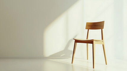 A wooden chair is sitting in a room with a white wall