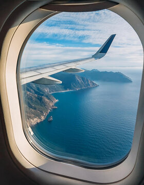 Vistas de mar y monta&ntilde;as a traves de la ventanilla de un avion de pasajeros en vuelo con cielo azul, concepto de viaje, turismo, transporte a&eacute;reo, viajes, vacaciones y estilo de vida