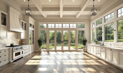 Obraz premium A bright, modern kitchen with large windows showcasing a scenic outdoor view.