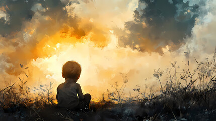 Fototapeta premium Sad baby starving child on battlefield from war torn country sun in the clouds brings hope. Starveil. Illustration