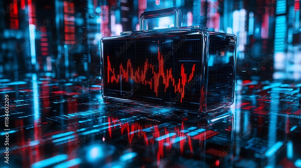 Poster digital briefcase displaying fluctuating stock market data in a cyberpunk setting