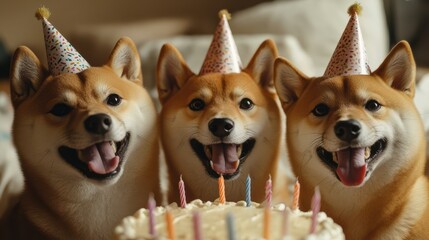 Shiba Inu dogs gathered around a birthday cake, wearing party hats and looking excited, celebrating the joy of friendship with the cheerful Shiba Inu dogs.