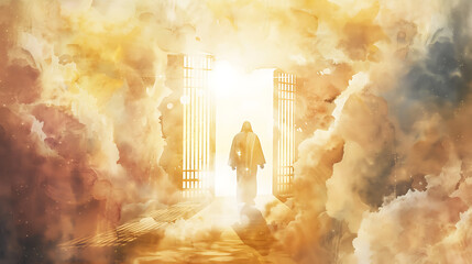 A peaceful watercolor image of Jesus Christ welcoming people to heaven, with golden gates and radiant light blending into soft tones