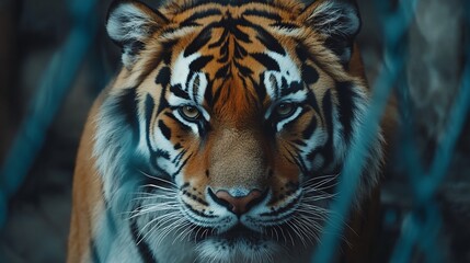 Obraz premium Captive tiger stares intensely, zoo enclosure background