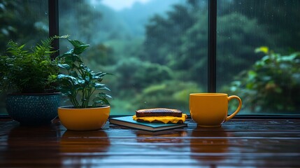 Rainy Day Tranquility: Cozy Indoor Scene with Coffee and a View