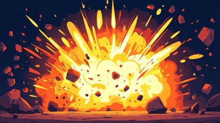 Fiery Cartoon Explosion Illustration Intense Blast with Debris and Bright Flames
