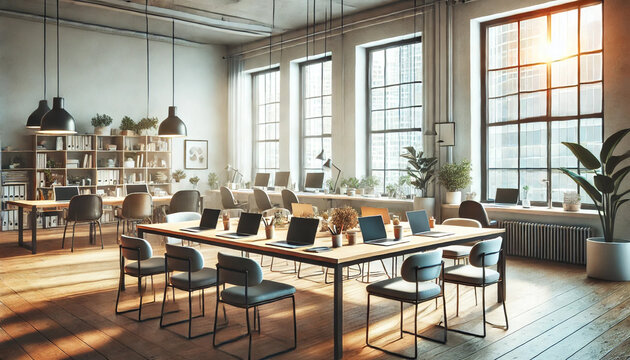 A shared workspace with a large table, multiple chairs, and laptops. Bright windows and simple decor create an open and productive environment. Minimalist and inviting. AI generated.