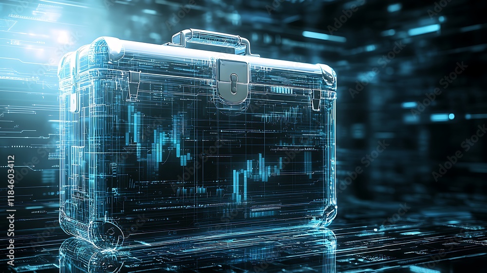 Poster transparent digital briefcase with circuitry and data visualizations