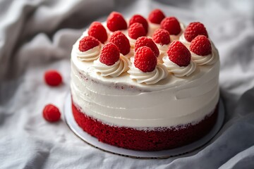 A perfect red velvet cake with symmetrically placed raspberries, highlighted against a muted gray linen.