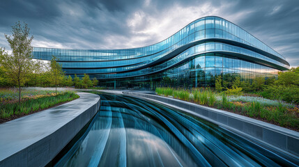 Fototapeta premium A corporate headquarters designed to mimic cascading water with sleek modern aesthetics.
