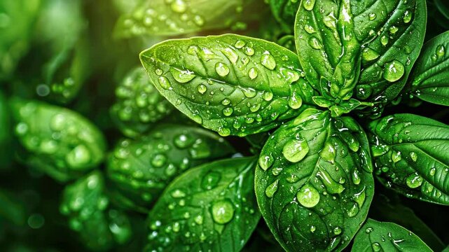close-up of drops on basil. Selective focus